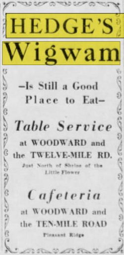 Hedges Wig Wam Restaurant - May 1937 Ad
